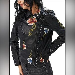 Women Floral Print Embroidery Faux Leather Moto Jacket size Asian XL Medium Fit